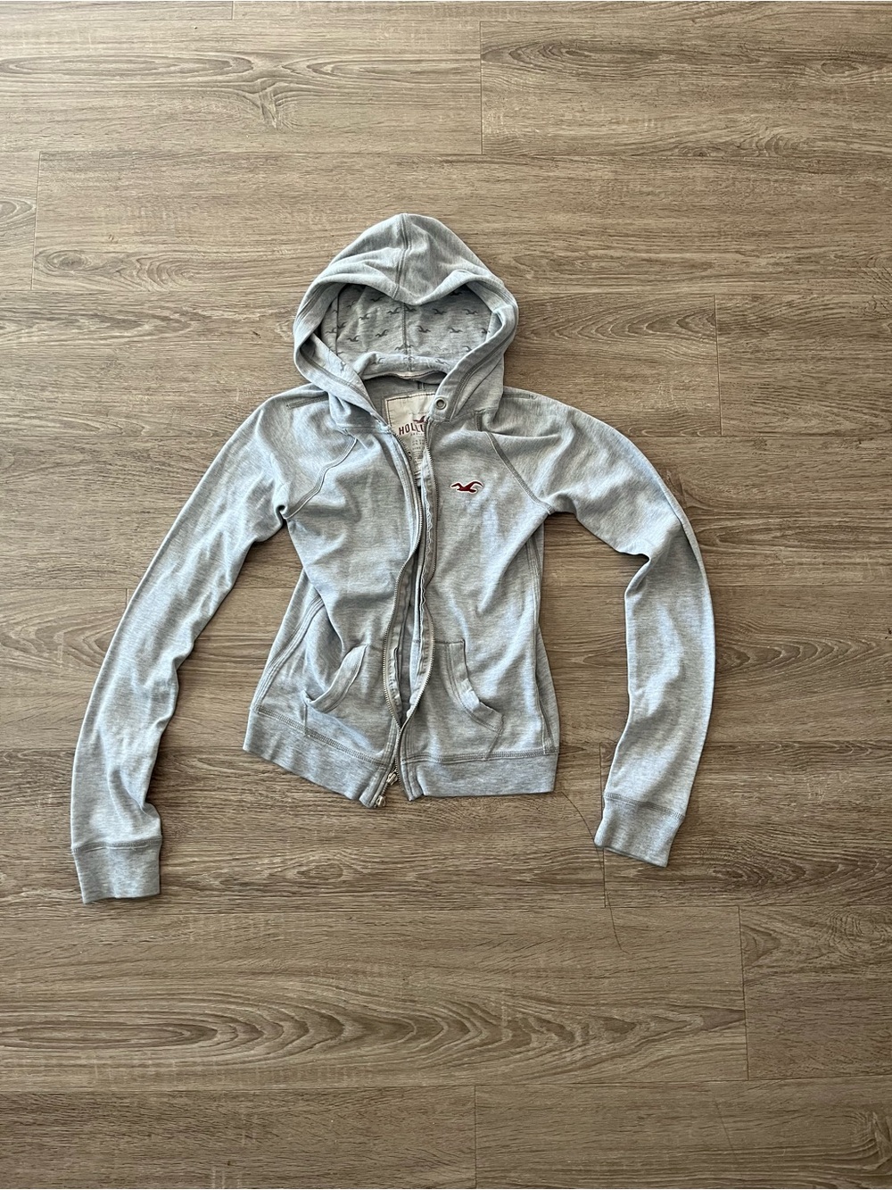 Hollister Double Zip Hoodie Women’s Small Gray Y2K Fitted Cropped Logo McBling